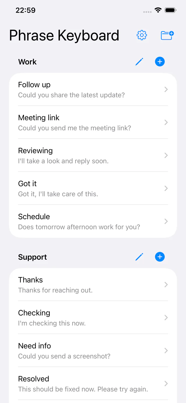 KeyBurst phrase library with Work and Support quick replies